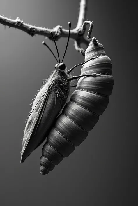 A black and white picture of a butterfly immerging out of a cocoon 