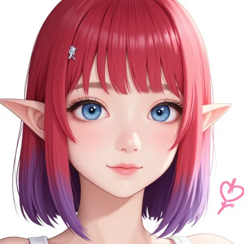  draw a girl lola an elf with red and purple short hair,  straight short bangs ,  blue-blue eyes ,The shape of her eyes stretched out to the top her eyebrows are short in the form of circles ,  instead of a white star pupil,  on the right side she has two ...