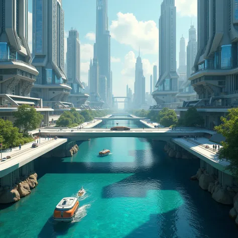 Sci Fi Future Industrial City With Crystal Clear Water Hub With Large Bridge, The City Has High-Tech Transportation