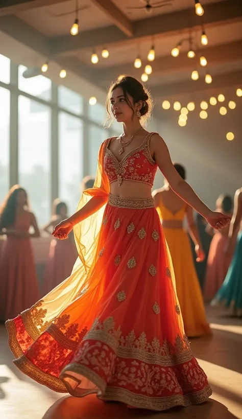 A wonderful dance scene, where the main character is a young woman dressed in traditional cultural dress. Her dress is designed with colorful and sophisticated embroidery, featuring floral prints. She stands in the middle of a brightly lit hall, with a few...