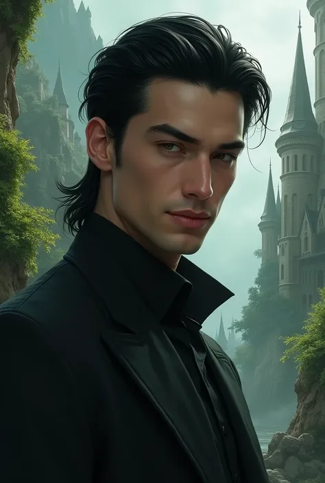 a medium length black-haired man, slightly tanned with slicked-back hair, black eyes and a mocking smile in fantasy kingdom, young, without beard, nonchalant, not anime