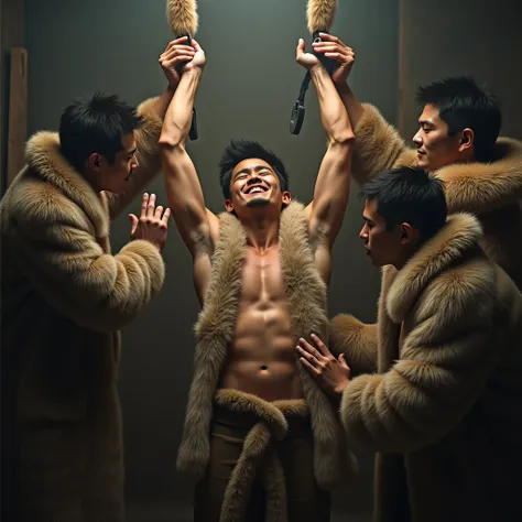 
A muscular Japanese handsome young man crying and laughing while wearing a fur coat with his hands hanging from the ceiling with fur shackles is surrounded and touched by many muscular Japanese handsome men wearing large fur coats