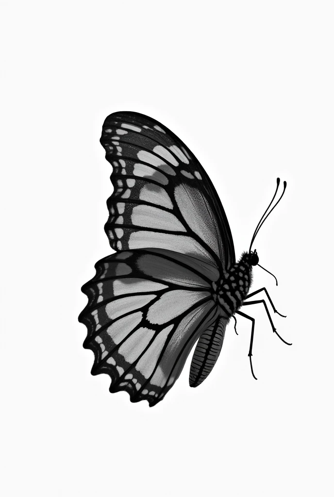 A black and white picture of a butterfly immerging out of a cocoon 