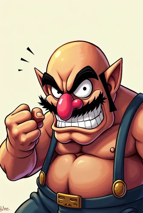 Genere une image de wario chauve sans sa casquette et sans moustache. Il est enervé et montre son poing