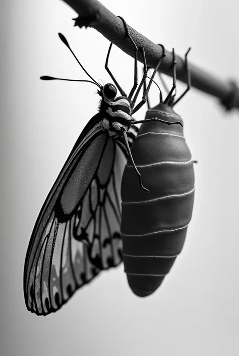 A black and white picture of a butterfly immerging out of a cocoon 