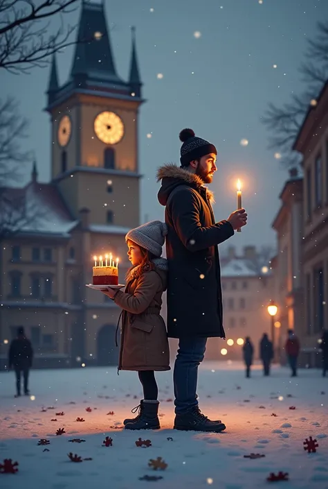  C est l hiver a Prague, un homme devant l horloge allume 1 bougie dans sa main. Il est dos a dos a une petite fille de 10 ans qui souffle 9 bougies sur un gateau. Au sol des pieces de puzzle dans la neige 