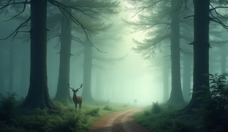 A path in the woods with fog.