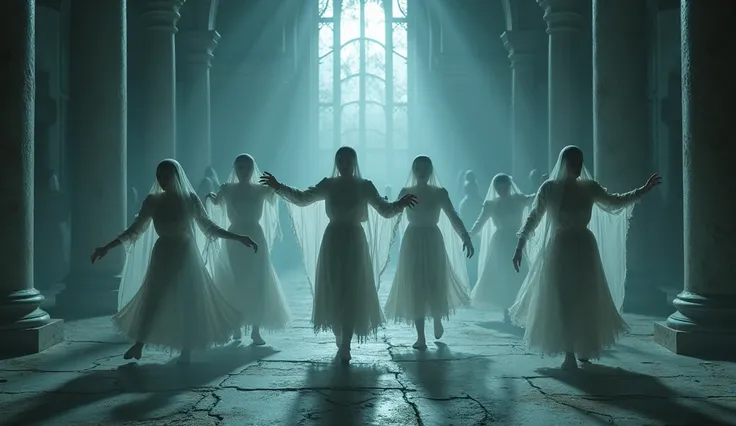 A haunting, moonlit ballroom where ghostly figures dance in eternal waltz. The scene is bathed in cold, silvery light filtering through tall, broken windows. The dancers are pale, ethereal beings with tattered, elegant garments, moving in perfect unison, t...