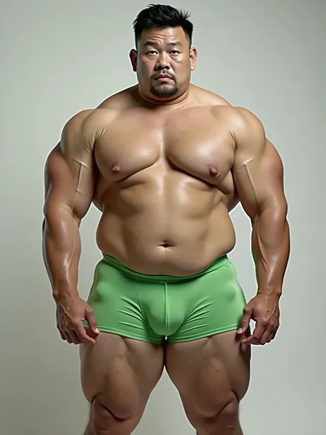  A thick Japanese man ， has a huge chest muscle developed，very strong。 Green bikini briefs with elastic material ， Soft and stretchy material ，Silhouette ， adheres to the natural curves of the body ，Significant outward bulging, especially in the lower abdo...