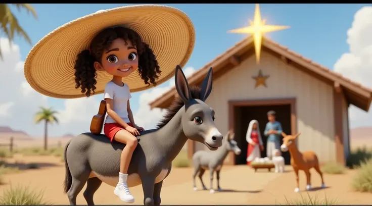 Inspired by Disney Pixar movies and 3D characters, create the image CAPTURED FROM THE BACK OF a mixed-race girl, daughter of a white mother and black father, white skin and curly hair tied in two ponytails, with a large sun hat hanging on her back, a plain...