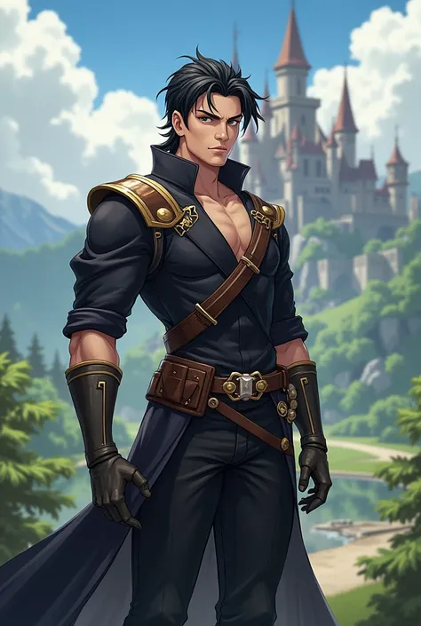 a medium length black-haired man, slightly tanned with slicked-back hair, black eyes and a mocking smile in fantasy kingdom, young, without beard, nonchalant, not anime, not asian