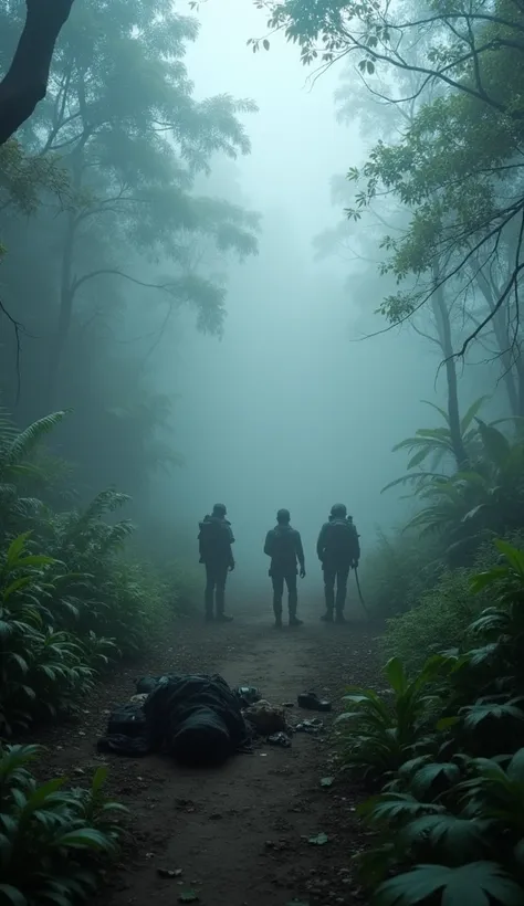 "A jungle clearing filled with thick fog and eerie shadows. Strange whispers seem to emanate from the mist. An explorer’s gear lies abandoned on the ground, with the rest of the team frozen in fear, looking around for their missing companion."