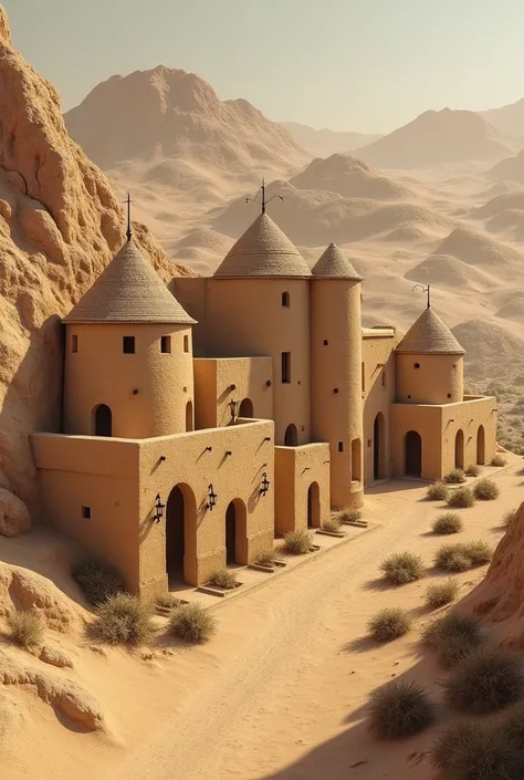 Medieval desert village,  with sand-colored rock houses,  square houses in general , poles with lamps , by day, ((top image)), (more separated houses), ((sand hills )), (a single village ), (( REALISTIC IMAGE)), (houses scattered across the hills ), (( rou...