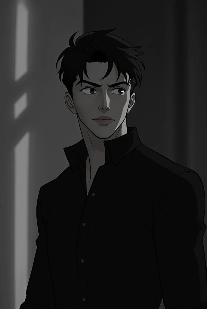  animation in black clothes ,Handsome young man posing thinking in black and white