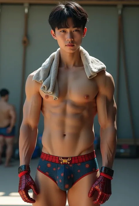 Handsome and sexy Korean Teenageer, teen, young, boy, shirtless, Towel around the neck, iron Spider underwear open on one side and showing his sixpack abs, muscular, sixpack, young, front view, Korean idol, biceps and triceps, Iron Spider gloves, photo rea...