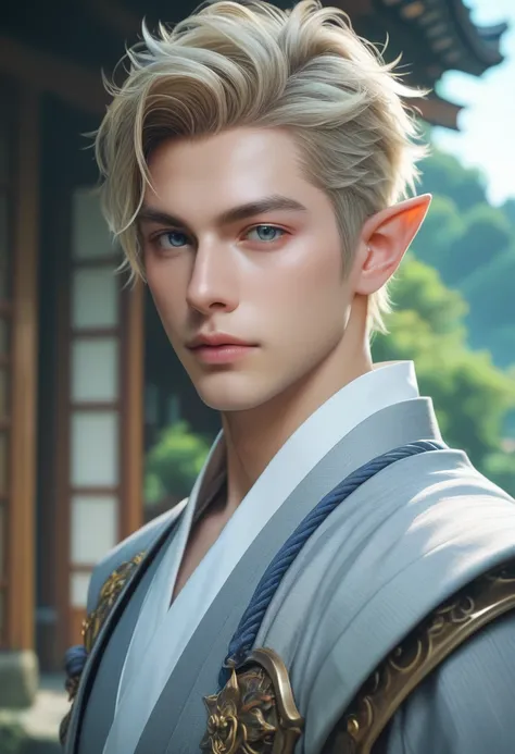 Snobby elf male, photoreaistic, fair skin, short blonde hair, grey eyes, thin. Wearing grey samurai armor. Japanese castle background. Fully body view. Prince.