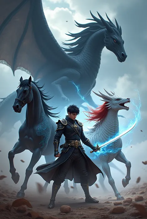 A dynamic urban fantasy-meets-eastern combat aesthetic: A sharp-featured young man in sleek, modernized combat gear stands in an offensive stance, gripping an ornate sword with both hands. His styled dark hair catches an unseen wind. Behind him, his compan...