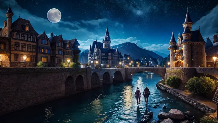 Landscape of a lively castle city with a river running by it, people and furrys walking the streets, night sky illuminated by the moon and stars, adventurer werewolf 