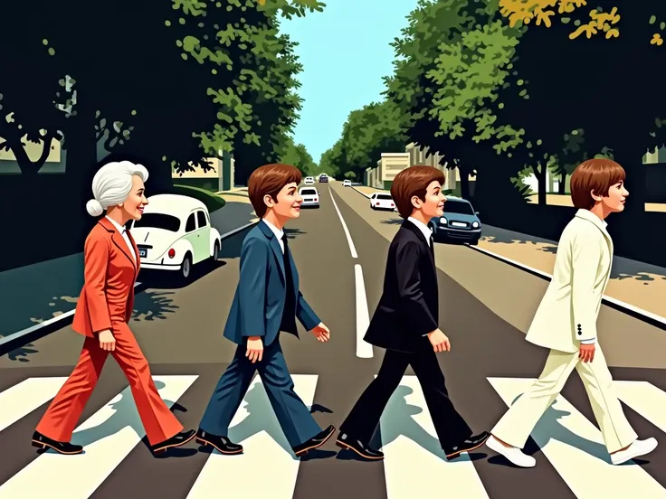  From the cover of The Beatles album Abbey Road make the characters: The poor old lady, Mirringa ,  Rinrín Renacuajo and Simón el Bobito ,  inspired by the stories of Rafael Pombo , But with rock costumes