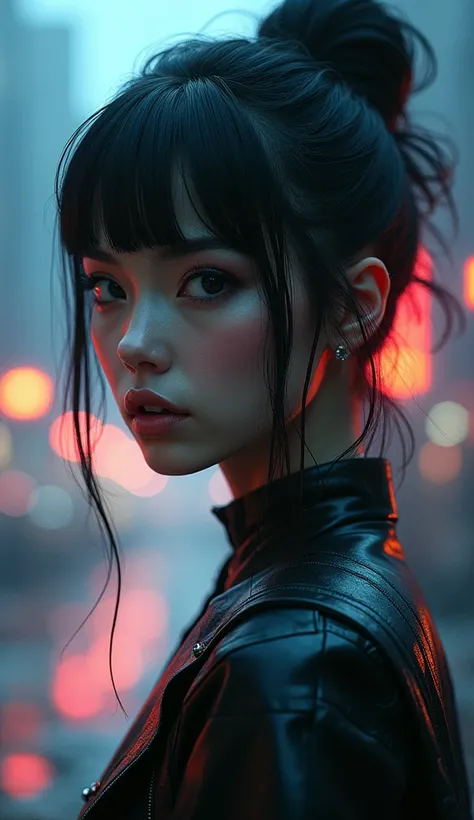 Portrait of pretty cyberpunk girl in the style of Syd Mead, perfect features, perfect eyes, perfect profile, luminescence, ultra realistic, hyper detailed, soft lighting in a brooding landscape, (Rodney Matthews:0.9), (Frank Frazetta:1.9), epic scale. Dept...