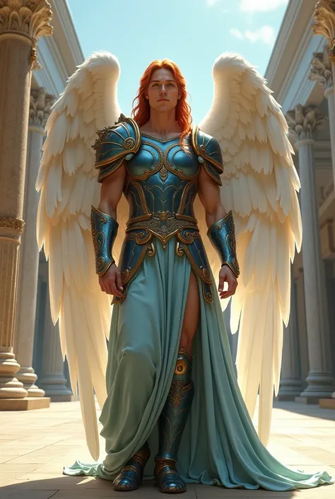 Realistic image of a male archangel with fair skin,  green eyes, fine features, Red hair, smooth and shoulder-length ,  big white wings ,  dressed in Roman blue armor , in the middle of a courtyard  