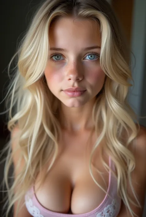  young girl with very blond hair wavy at the ends, blue eyes and big pupil , lots of breasts,   without clothes, new, with the pink pussy,  without clothes, Do her showing her pink vagina without panties