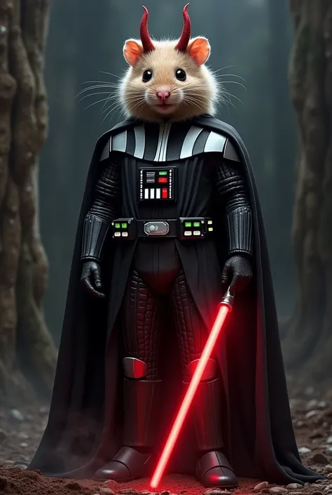 Darth Vader without a helmet ,with a hamsters head , a lightsaber and small red demonic horns