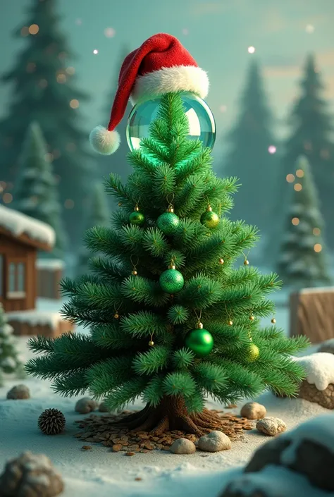 Spruce with green balls in a Christmas setting and a transparent prism with Santa Claus hat on the upper surface of the prism