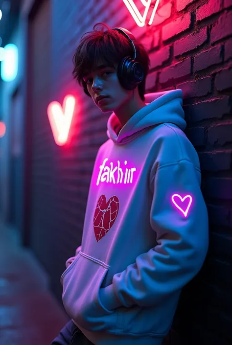 A young man with messy hair with a hooded white sweatshirt featuring neon designs on the back. The neon text says Fakhir, glowing in vibrant purple or pink light, with a cracked red heart graphic underneath. He is leaning casually against a dark brick wall...