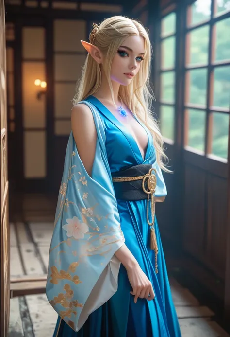 Beautiful elf princess, photoreaistic, young, fair skin, long blonde hair, blue eyes, black eyeliner, fit. Wearing royal blue japanese dress. Japanese castle background. Wearing glowing pendant. Fully body view.