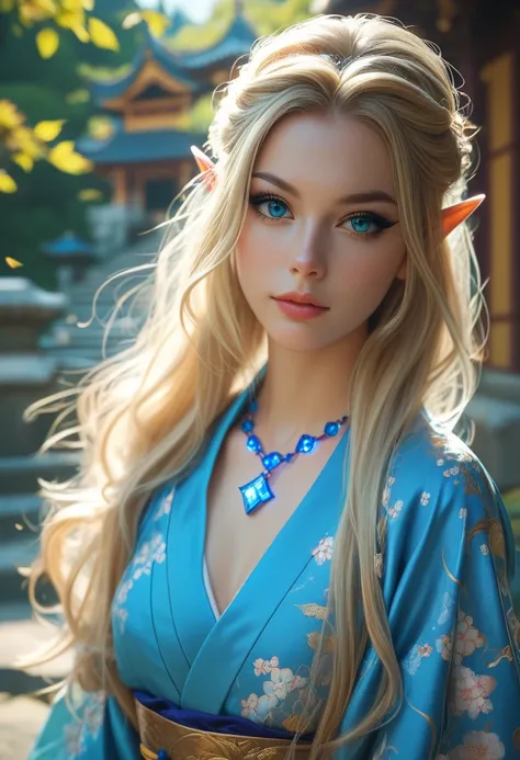 Beautiful elf princess, photoreaistic, young, fair skin, long blonde hair, blue eyes, black eyeliner, fit. Wearing royal blue japanese dress. Japanese castle background. Wearing glowing pendant. Fully body view.