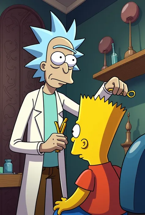 Rick Morty barber with gold scissors 
Cutting a hair on a Bart Simpsons hair 
