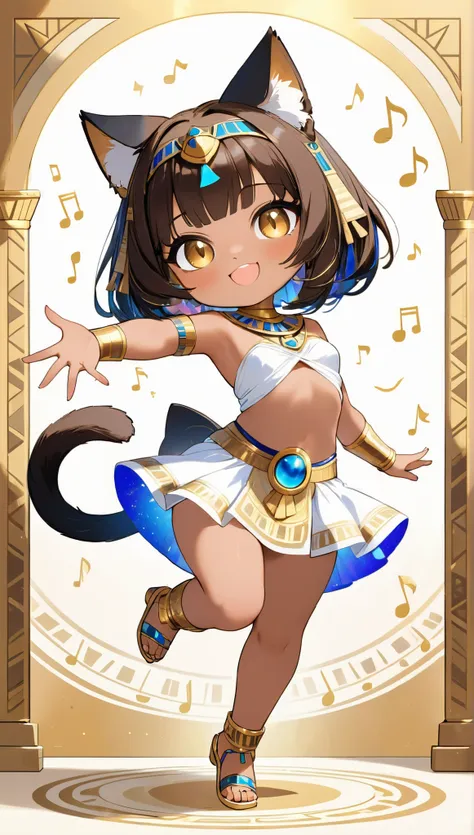 masterpiece, best quality, 8k resolution, ultra-detailed, vibrant colors,  cute chibi Bastet girl, tan skin, dark brown hair, short bob, cat ears, cat tail, large sparkling gold eyes,  ((wearing a white and gold Egyptian-style outfit)), Danceable pose (one...