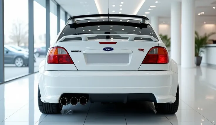 Back view of painted "Gloss white with shiny clour 1997  ford Focus rs  sleek in large shape sedan in large size with Maserati logo on its large detailed grille in shiny red clour with angular sporty design captured from close Back view with modified sleek...