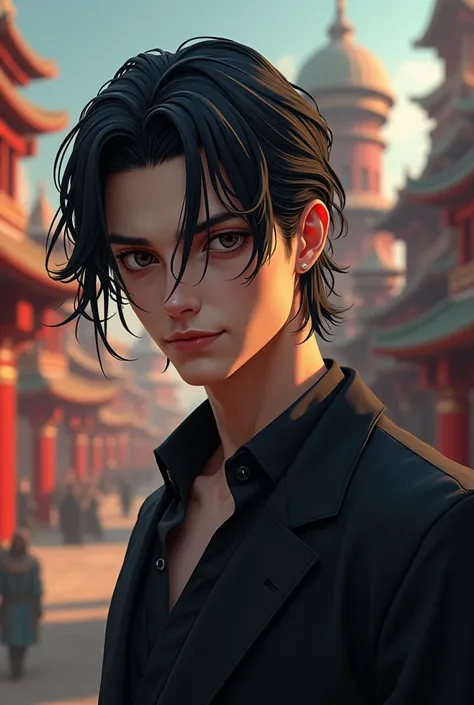 a medium length black-haired man, slightly tanned with slicked-back hair, black eyes and a mocking smile in fantasy kingdom, young, without beard, nonchalant, not anime, not asian, not cartoon, NOT CARTOON, a little bit older, around 25 Years old, mean