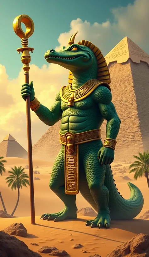 A massive, mythical crocodile standing upright, resembling a powerful guardian deity. The crocodile has emerald green scales that shimmer in the sunlight and golden armor adorned with ancient Egyptian hieroglyphs. Its eyes glow with a mystical yellow light...