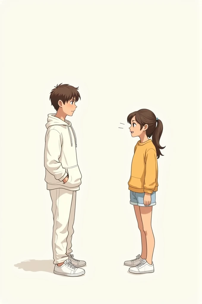 A boy wearing a white hoodie, white pants and white shoes. Trying to convince his really really angry girlfriend with a sorry wearing white hoodie , white pants, white shoes too. cartoon sketch art style