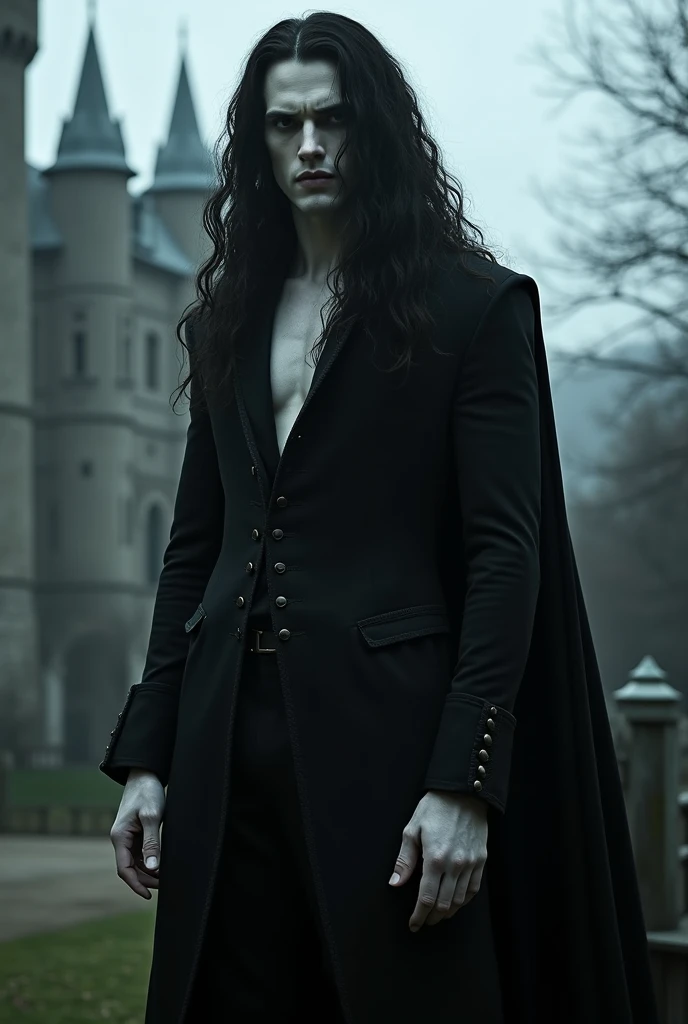 Gothic vampire ,  long hair,  extremely white skin, Thin and tall,  dazzling from the 18th century , Dark clothes, terrifying look ,  hyperrealistic,  distant castle background . darkness. 30 YEARS, muscular.  long curly hair . 