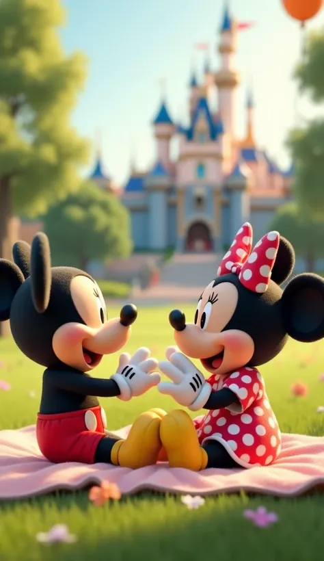 "A realistic scene of a human baby, approximately one year old, sitting on a soft pastel blanket in a magical park environment. The baby is laughing and reaching out towards Mickey Mouse and Minnie Mouse, who are sitting beside them. Mickey, wearing his cl...