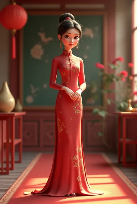 Teacher wears long vietnamese dress, 3d animation style