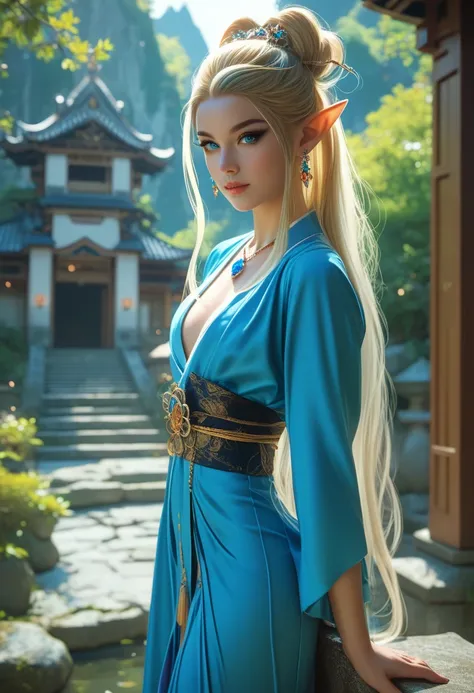 Beautiful elf princess, photoreaistic, young, fair skin, long blonde hair, blue eyes, black eyeliner, fit. Wearing royal blue japanese dress. Japanese castle background. Wearing glowing pendant. Fully body view.