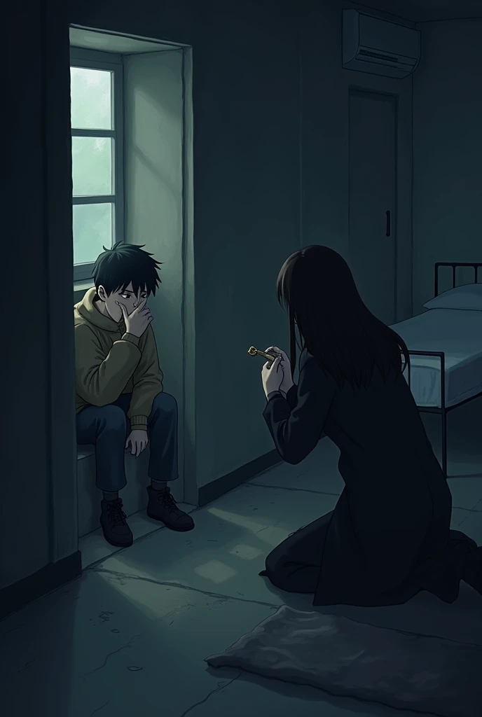 create a anime type image about a  dark room basement (basement have one single bed, window in bedside, table and something you like to add)  a man (have no beard in face clean and beautiful, cute face. hand on face because of  afraid and watching the wome...