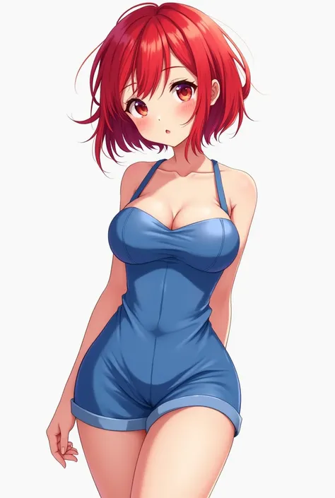 Anime red hair and blue clothes with cute face girl with big chest and short hair