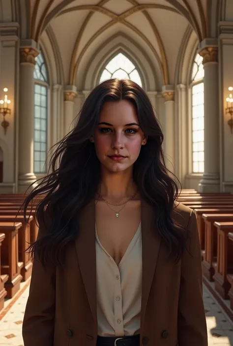 This woman,  dark hair, in a church, friendly look, fashionable clothes,  realistic,  realistice Darstellung