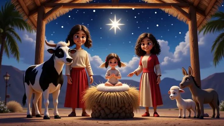 Inspired by the movies in the posters with the 3D characters in high resolution and high quality DA DISNEY PIXAR, create an image that has a powerful visual impact with strong colors in warm tones OF a barn there is a manger in the center with BABY JESUS ​...