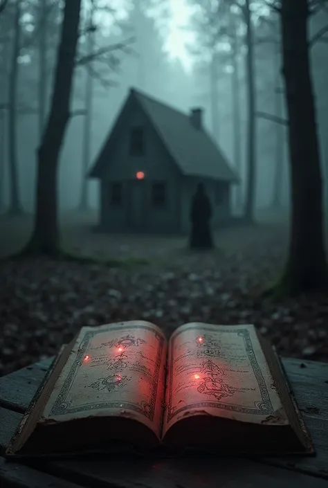 An abandoned cabin in a misty forest ,  surrounded by tall trees and eerie shadows that seem to move . In the foreground,  an old book with strange symbols shines with a faint red light ,  while a blurry and terrifying figure of a woman with a sad look hid...