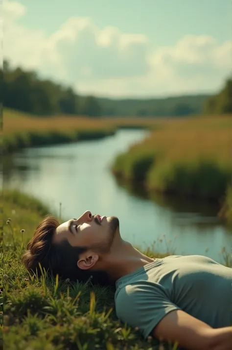 A young men sleeping by his back and look at sky on the grassland beside river with smile face. Write the quotation which said " I understood myself without explanation" on the image. Use Netflix cinematic image