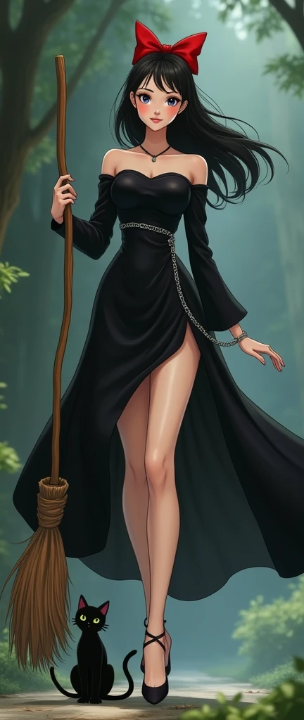 Hayao Miyazaki「Kikis Delivery Service 」The sorceress in Kiki , Photo realistic style CG, Mature,  Sexy , Sweet, gentle, Strong , Strong , Confident, professional, perfect face,  Hands Gracefully Holding A Flying Broomstick ,  by the feet of her little blac...