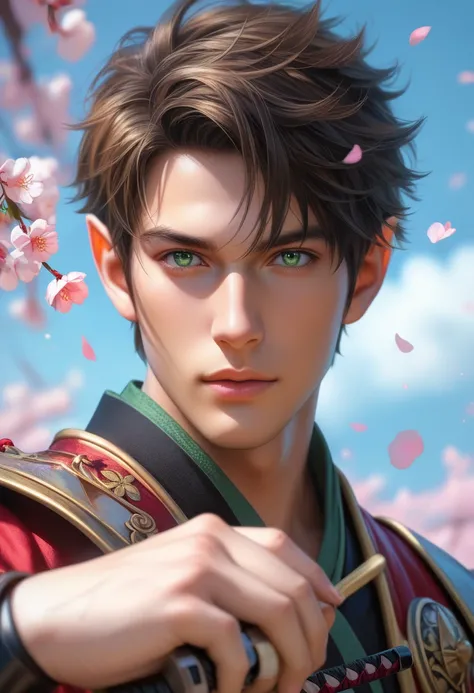 Male elf, 20 uears old, ultra high resolution, ((masterpiece))), (((best quality))), ((super detailed)),  ((extremely delicate and beautiful)),cinematic light, cherry blossoms background(real), fit, (short copper hair), wearing black samurai armor, green e...