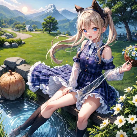 Chestnut Hair、 blue eyes、 has hair tied、Two cute、 plaid miniskirt to make up for embarrassment、 BLACK T-SHIRT、 Long Sleeve 、 dress、 striped high socks sprinkling water、Teeth are visible、lawn、The stone is cracked、Uneven ground、The road is curved、tree、Mounta...